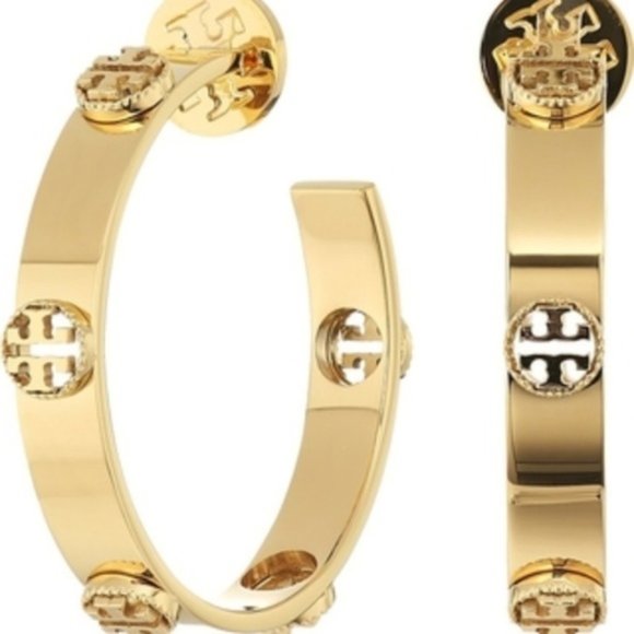 Tory Burch Gold Milgrain Logo Hoop Earrings - Picture 2 of 4